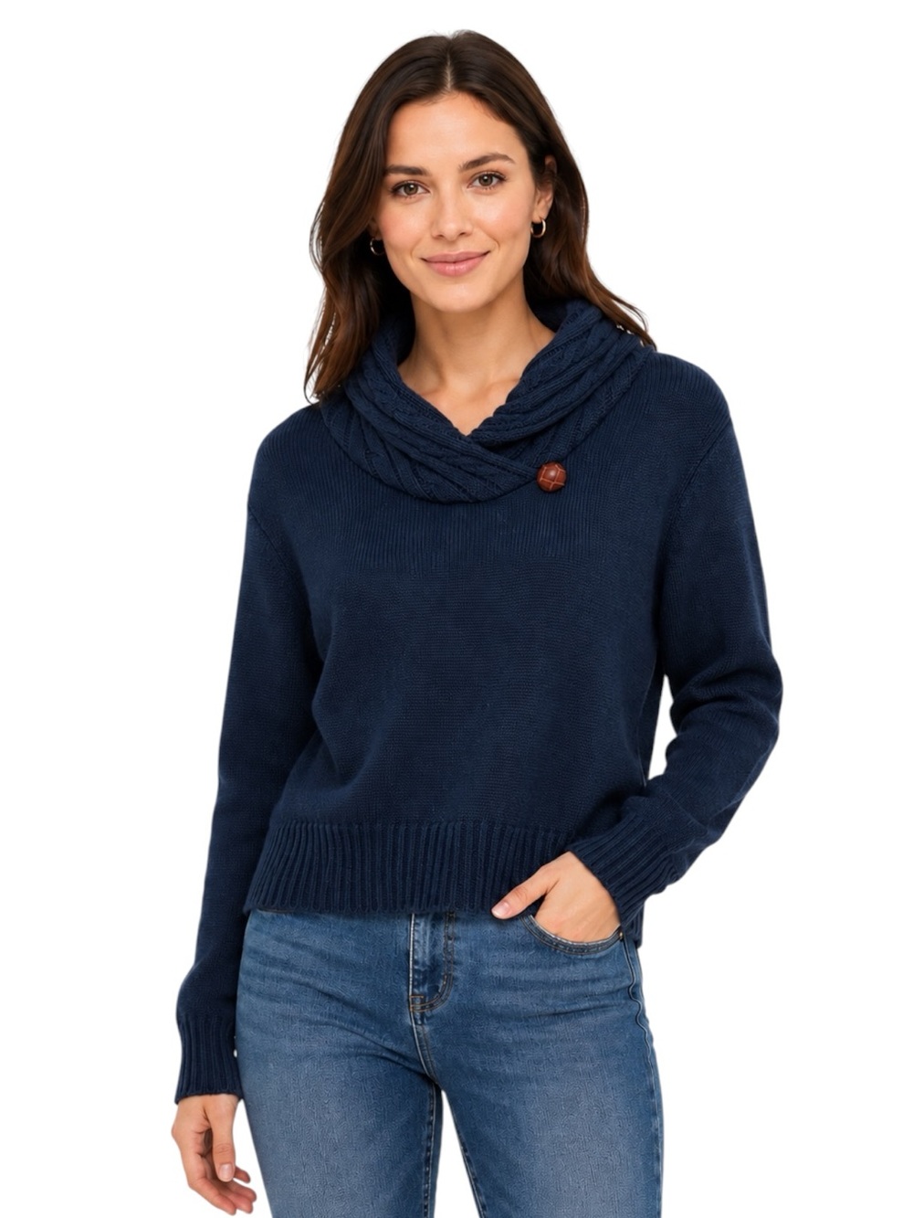 Jeanne Pierre Navy Cable Knit Cowl Neck Cotton Sweater Size Large